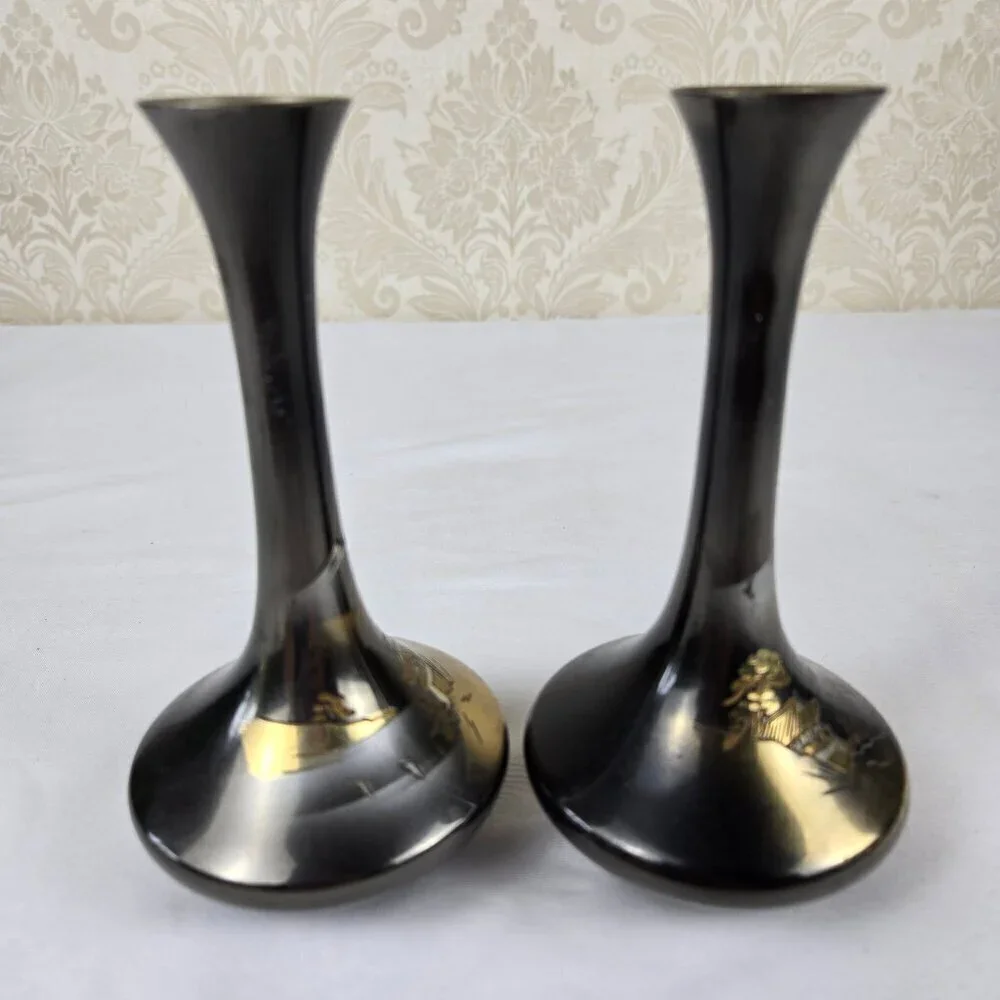 Pair of Japanese Genie Bottle Bud Vases Snow Capped Mt Fuji Village Etching Vtg